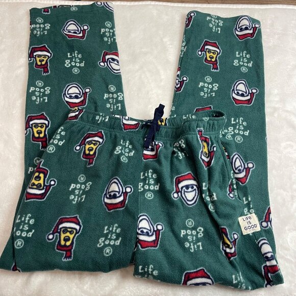 Life Is Good Fleece Pajama Pants Men's Medium Holiday Santa Dog Green Pockets - Picture 5 of 10